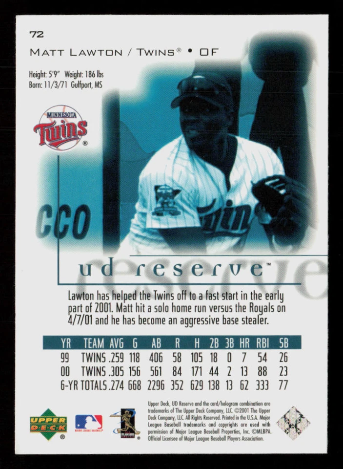 Matt Lawton 2001 UD Reserve #72 Minnesota Twins Baseball Card - Image 2 of 2