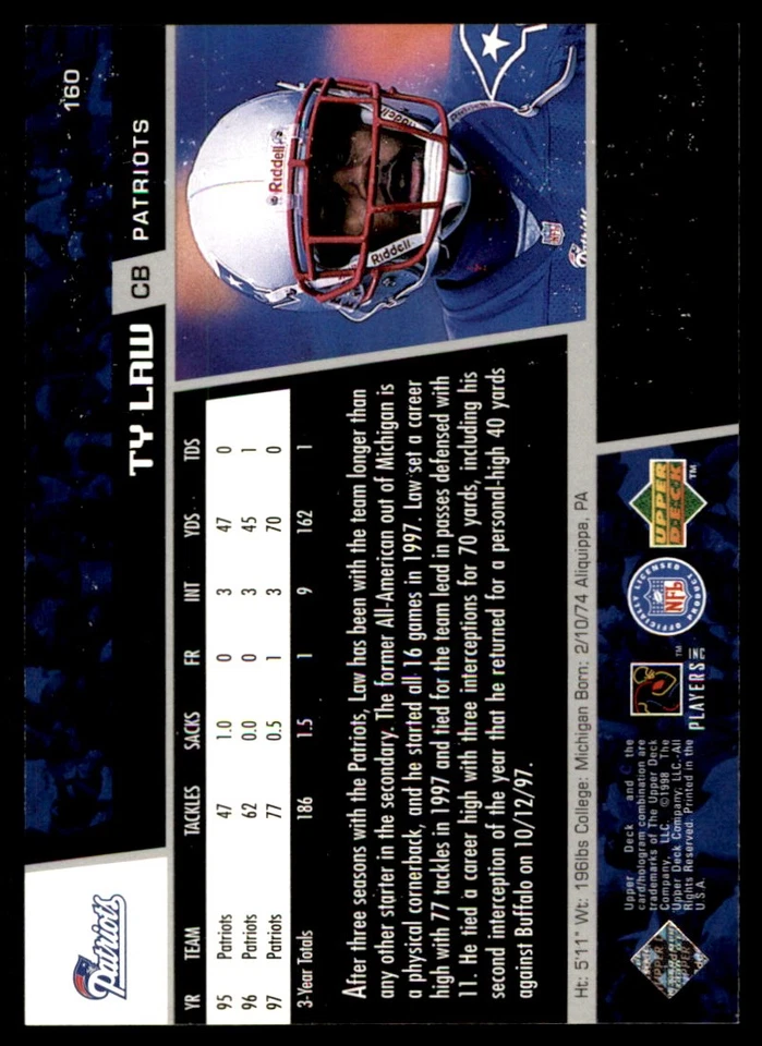Ty Law 1998 Upper Deck #160 Patriots NFL READ FREE SHIPPING AutographDen - Image 2 of 2