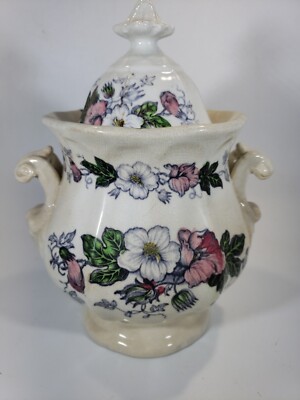 Mulberry Transferware Staffordshire Polychrome Sugar Bowl Cotton Plant