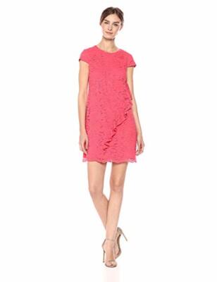Vince Camuto Womens Coral Floral Lace Ruffle Shift Dress Size 12 Cap Sleeve  | eBay