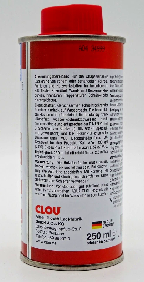Clou Aqua Holzlack Klarlack Grundierung schnelltrocknend seidenmatt - 0,75 L - Bild 4 von 4