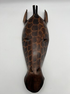 African Giraffe Wall Mask 15x 5x2 Hand Carved Wood Decor Kenya Hanging