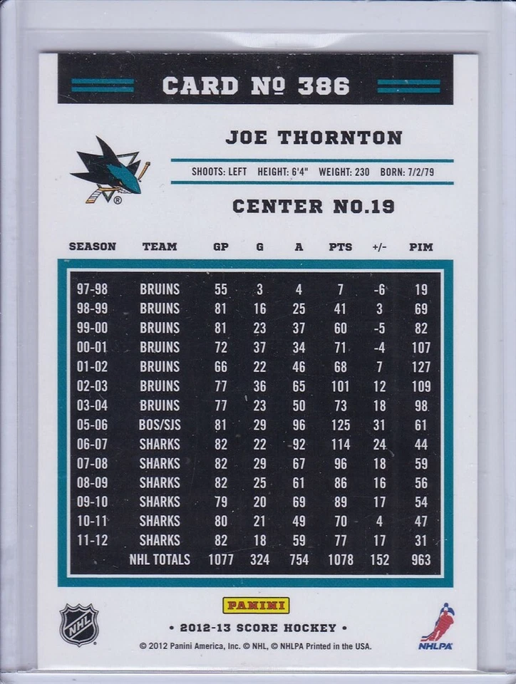 Joe Thornton 2012 Score Hockey Card 386 - Image 2 of 2