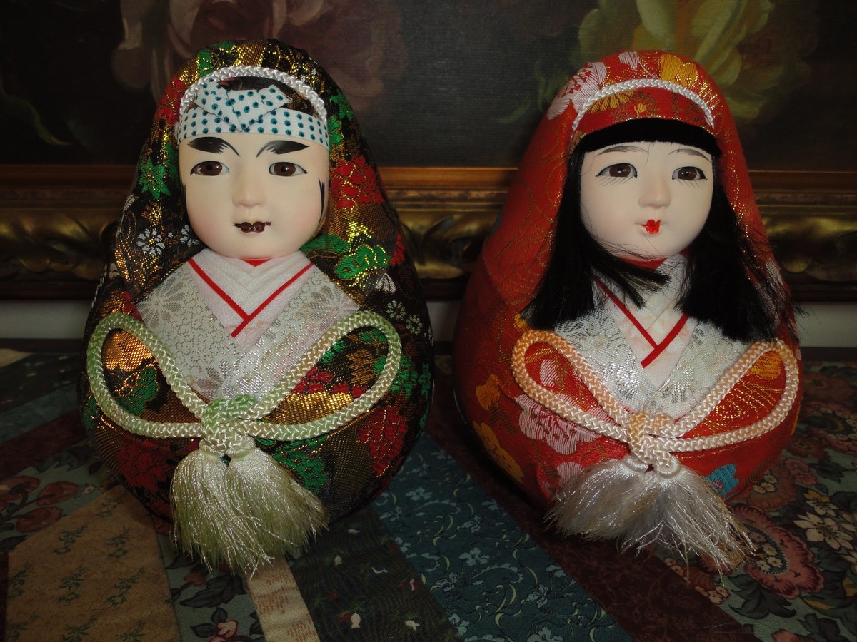 Japanese Wedding Dolls Bride Groom Set Kimono Brocade Glass Eyes