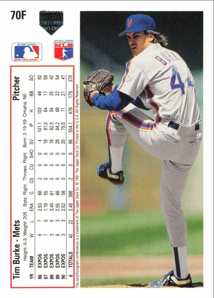 1991 Upper Deck Final Edition Tim Burke New York Mets #70F - Image 2 of 2