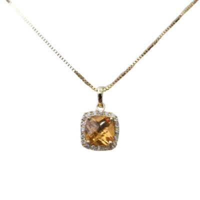 Halskette 1,50 Karat 7 mm echter Citrin im Kissenschliff und H/SI Diamant Weißgold