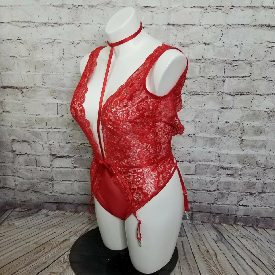 Shirley of Hollywood Peluche de Encaje Rojo XL Profundo V Liguero Body Lencería Cuello Foto 3 de 4