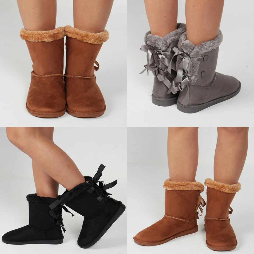 Ladies Fur Lined Flat Bow Ankle Boots Women Snow Snug Winter Warm Calf Shoes