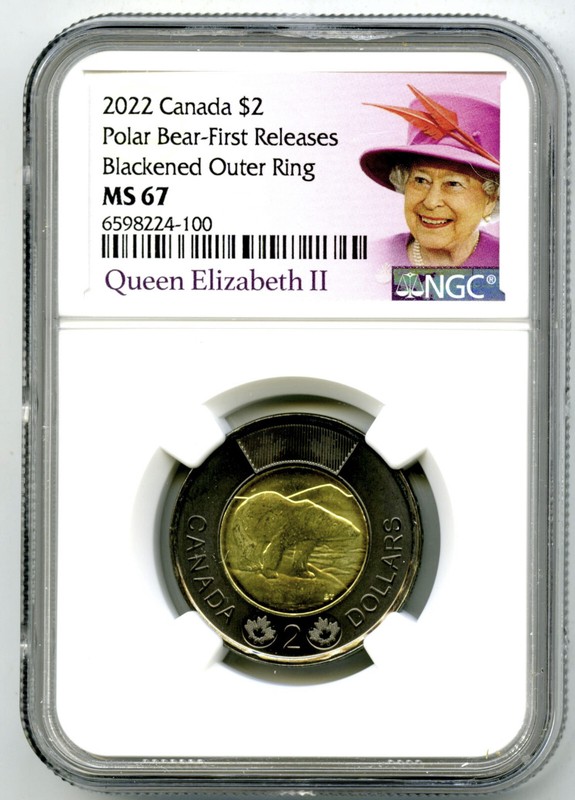 2022 CANADA $2 BLACK RING NGC MS67 FIRST RELEASES QUEEN ELIZABETH TOONIE FM ROLL