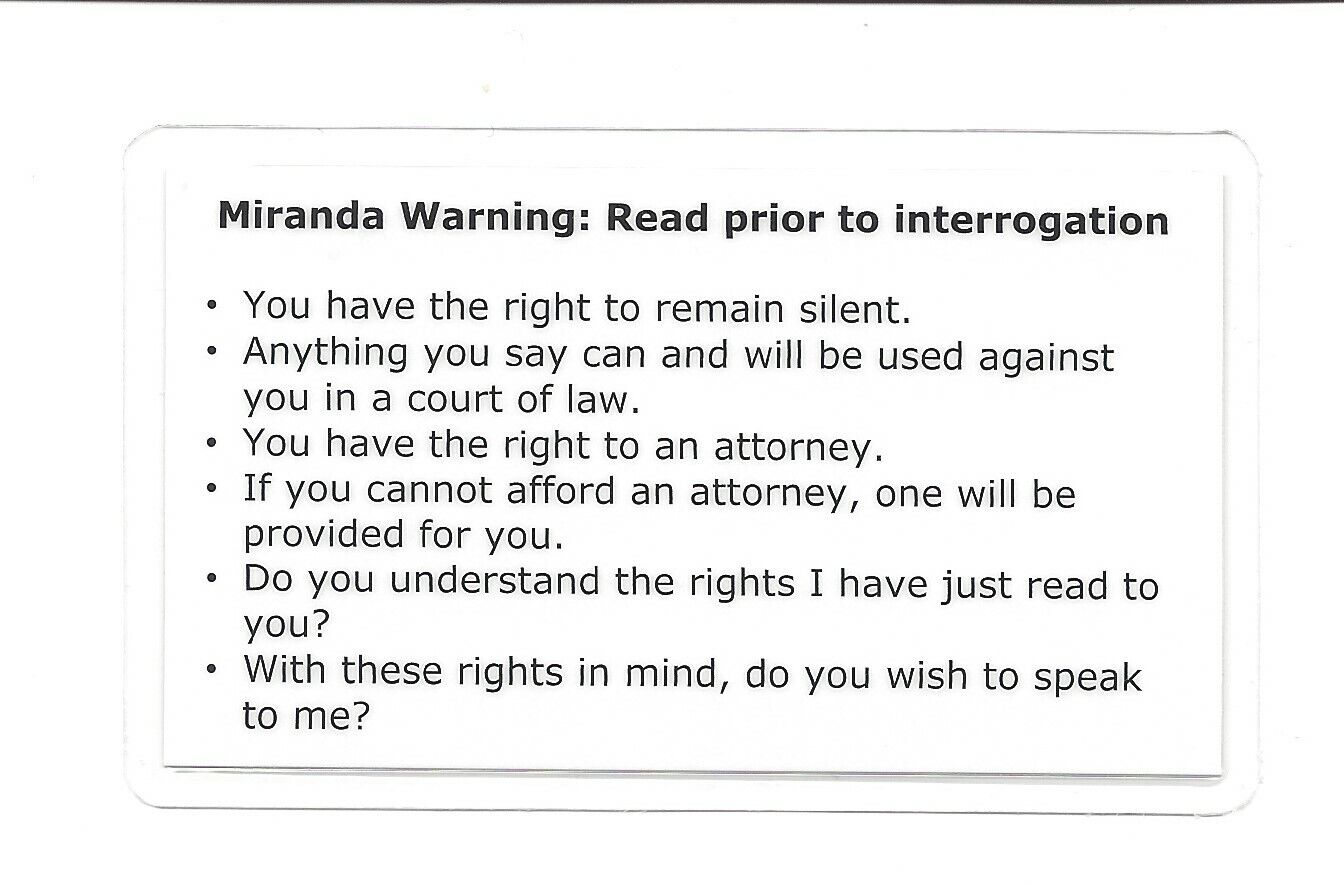 Miranda Warning (Rights) & Alphabet Card / LE / CHP / Sheriff