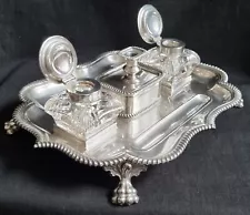 ANTIQUE ENGLISH SILVER PLATED INKSTAND 2 INKWELLS PARTNERS DESK-STAND PEN RESTS