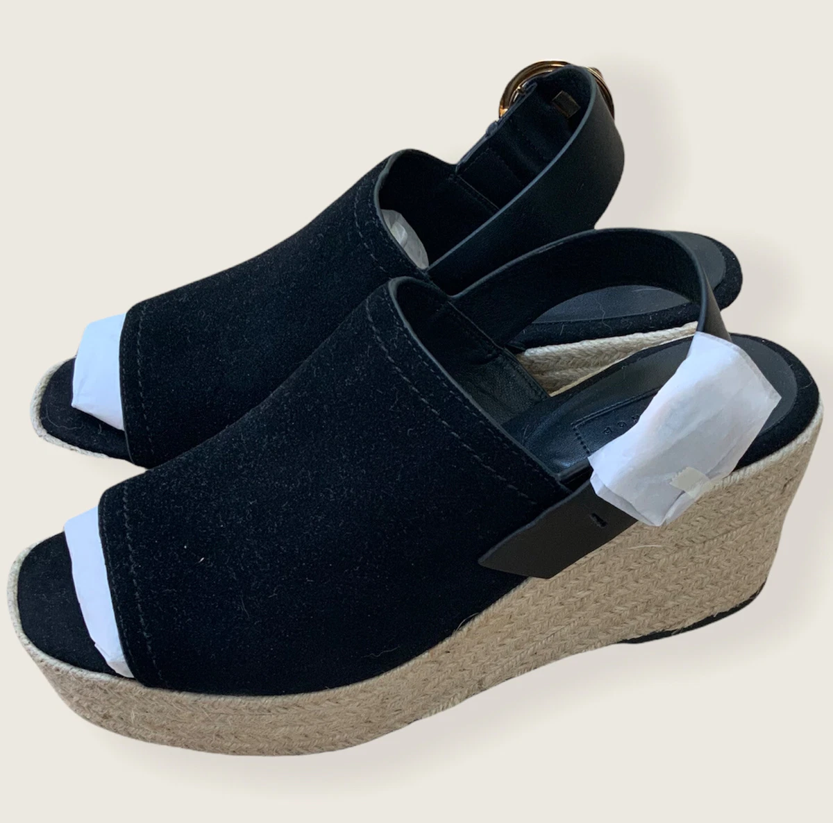 Old Topshop Size 8 Black Gold Real Suede Mules Espadrilles Wedges