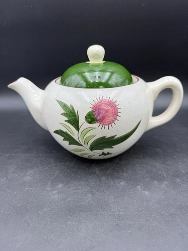 VINTAGE STANGL POTTERY THISTLE TEAPOT WHITE W/ GREEN LID TRENTON NJ