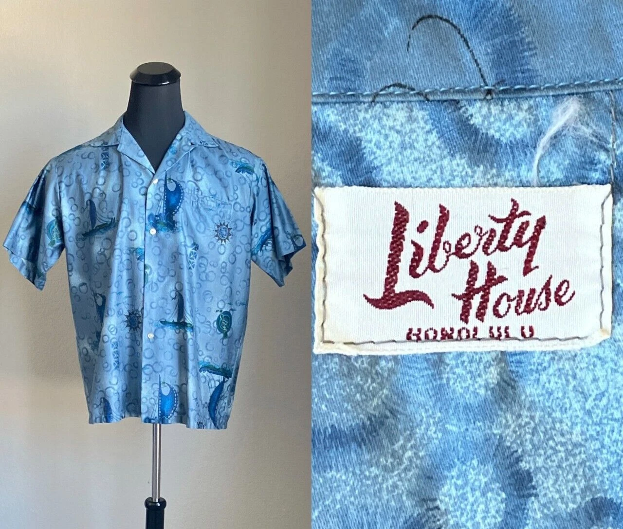 1960s Nautical Print Shirt, Vintage Vacation Button Down, Retro Island Print