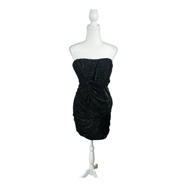 DOTTI Black Sparkly Ruched Bodycon Strapless Mini Dress Sz S Club Rave #0816