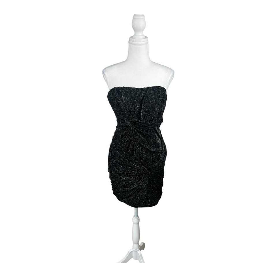 DOTTI Black Sparkly Ruched Bodycon Strapless Mini Dress Sz S Club Rave #0816