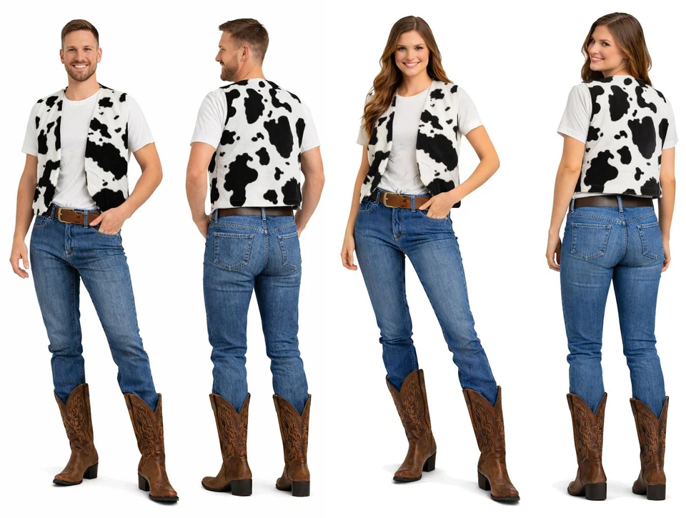 Adults Woody Cowhide Animal Print Waistcoat Cowboy Cowgirl Wild West Fancy Dress - Image 1 of 4