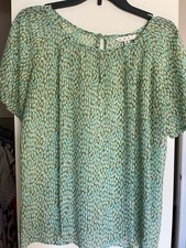 CABI Women’s Blouse Pebble Top Style #602 Green Tan Sheer Back Keyhole Size S