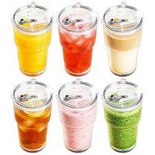Glass Tumbler Straw + Lid 600ml Thick Clear Ribbed Cup Glasses 1 2 4 6 Pack