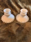 Pair Fenton White Milk Glass Silver Crest Ruffled Candlestick Holders Set of 2