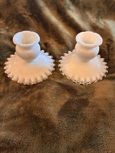 Pair Fenton White Milk Glass Silver Crest Ruffled Candlestick Holders Set of 2