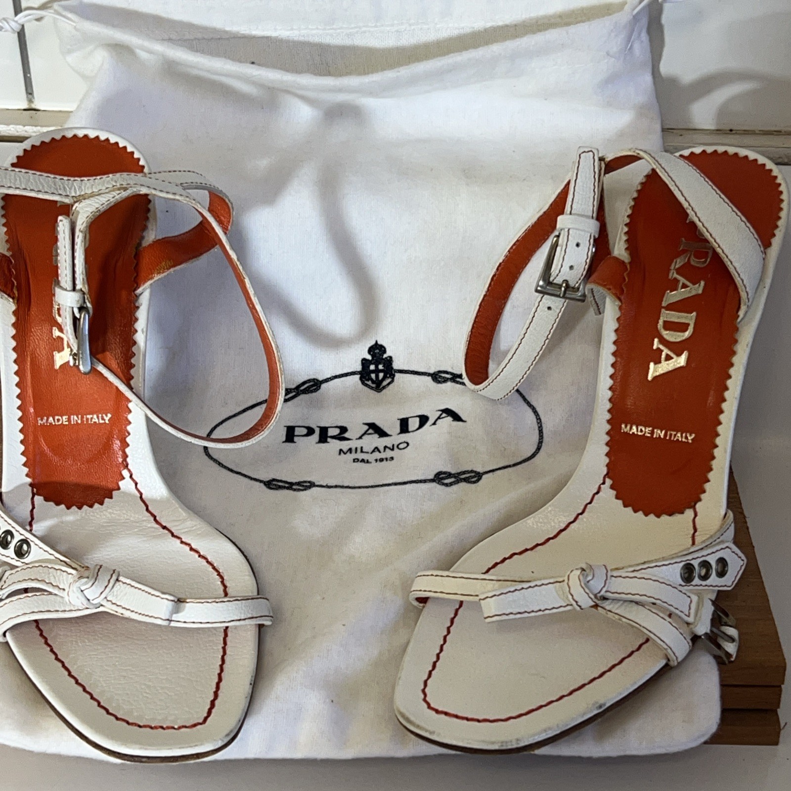 Prada Vero Cuoio Leather High Heel Sandel White And Orange SIZE36women Vintage