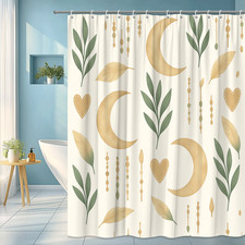 Boho Floral Shower Curtain with Leaves and Moons Design