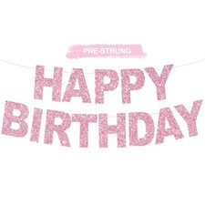 Happy Birthday Banner - Pink Pre-Strung No DIY Birthday Decorations - pink