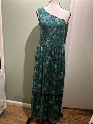 XL Knox Rose Green Floral One Shoulder Smocked Tiered Floral Dress Pocket Nice!