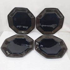 LOT OF 4 ARCOROC France Black Octime Marine Gold Stripes Octagon Plates 10-3/4"