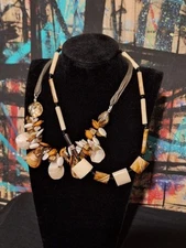 Lot Of 2 Boho Style Beaded Fashion Statement Necklaces Brown Cream