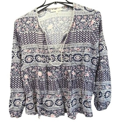 Daniel Rainn boho gypsy peasant long sleeve blue Pink Blouse sz large v neck