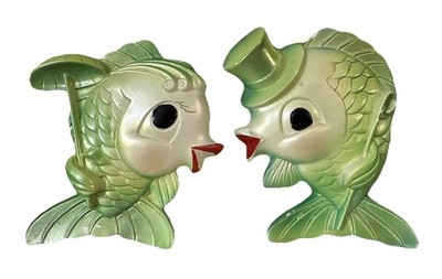 Vintage 1969 Miller Studios Anthropomorphic Chalkware Green Fish Wall Plaques