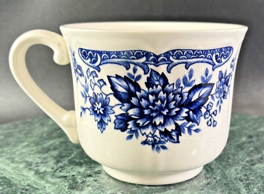 Vintage Blue Carnation Japan Ironstone Oven Safe Blue White Coffee Mug