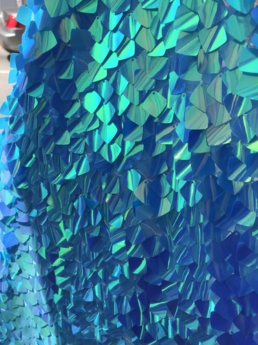 TURQUOISE IRIDESCENT SEQUINS-DRAGON SCALES EMBROIDER ON A MESH-SOLD BY THE YARD. - Picture 4 of 6