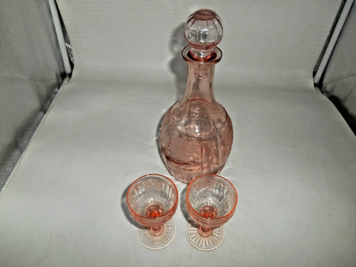 Anchor Hocking Pink Mayfair Open Rose Decanter with 2 Liquor Cocktail Stems - Picture 2 of 14