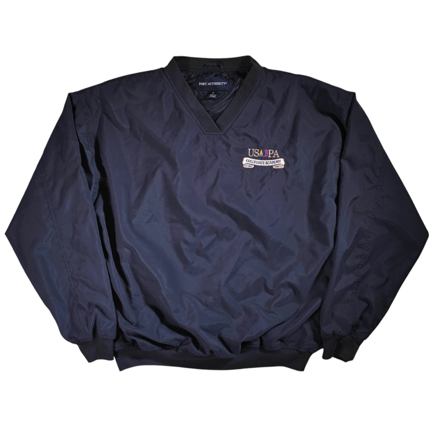 Vintage USA College V-Neck Poly Windbreaker Pullover Jacket Navy Mens Medium