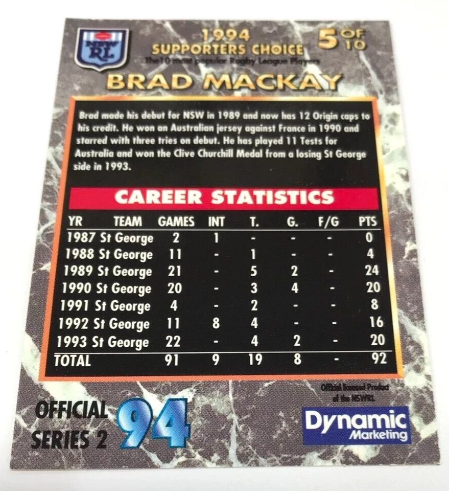 Tarjeta Dynamic Rugby League S2 1994 elección de partidarios tarjeta dorada S5 Brad Mackay Foto 2 de 2