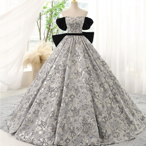 Women Floral Jacquard Ball Gown Bow Long Dress Big Swing Puff Short Sleeve Prom - Picture 4 of 9
