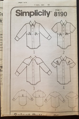Vintage Simplicity Sewing Pattern 8190 Unisex Western Shirts Size XS S M UNCUT - Picture 3 of 5