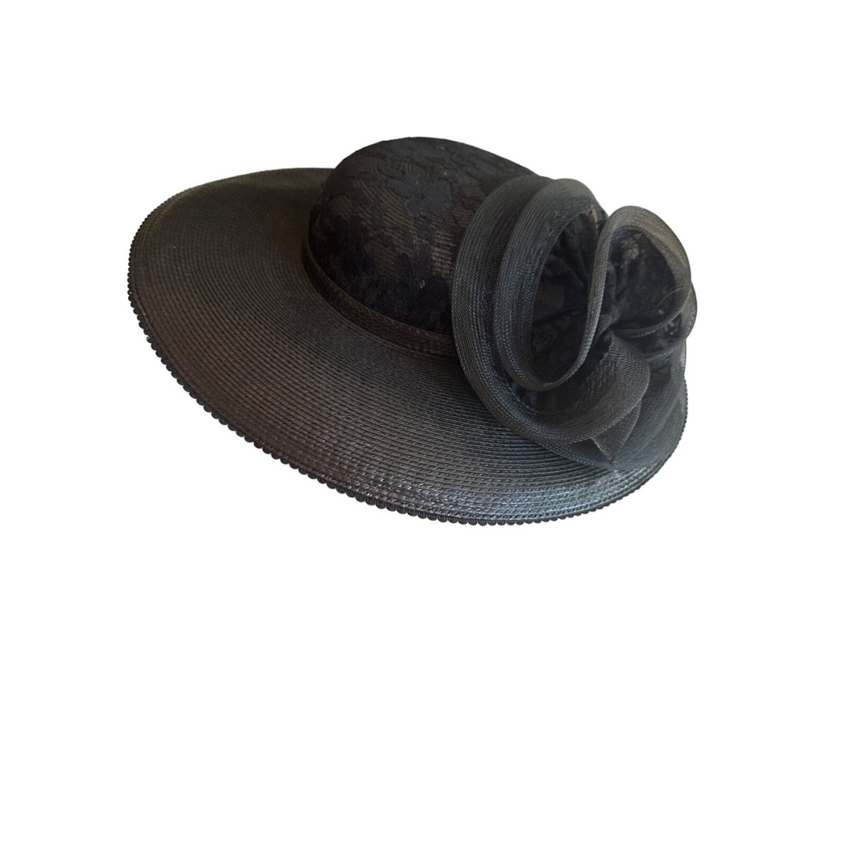 Elegant Black Wide-Brimmed Hat With Lace & Bow Detail | eBay