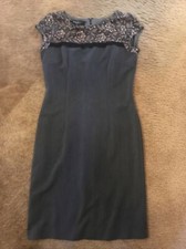 Nine West Dress Size 6 Women Floral Fringe Grey Slate Charcoal Sexy Chic Elegant