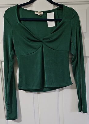Moa Moa Twist  V-Neck  Blouse Womens Size M Emerald Green Long Sleeve NWT (71)