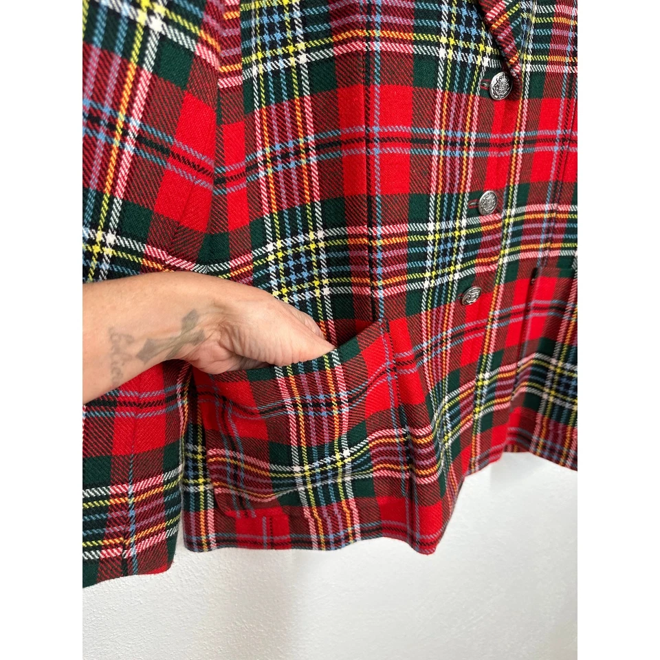 Blazer Hecho a Mano Vintage Lana Tartán Cuadros L Rojo Azul Verde Preppy Academia   Foto 4 de 4