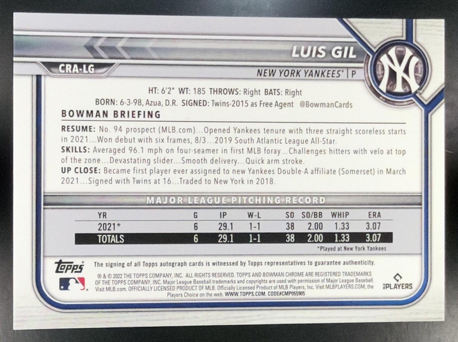Luis Gil 2022 Bowman Chrome Baseball Rookie Auto Blue Refractor /150 view 2