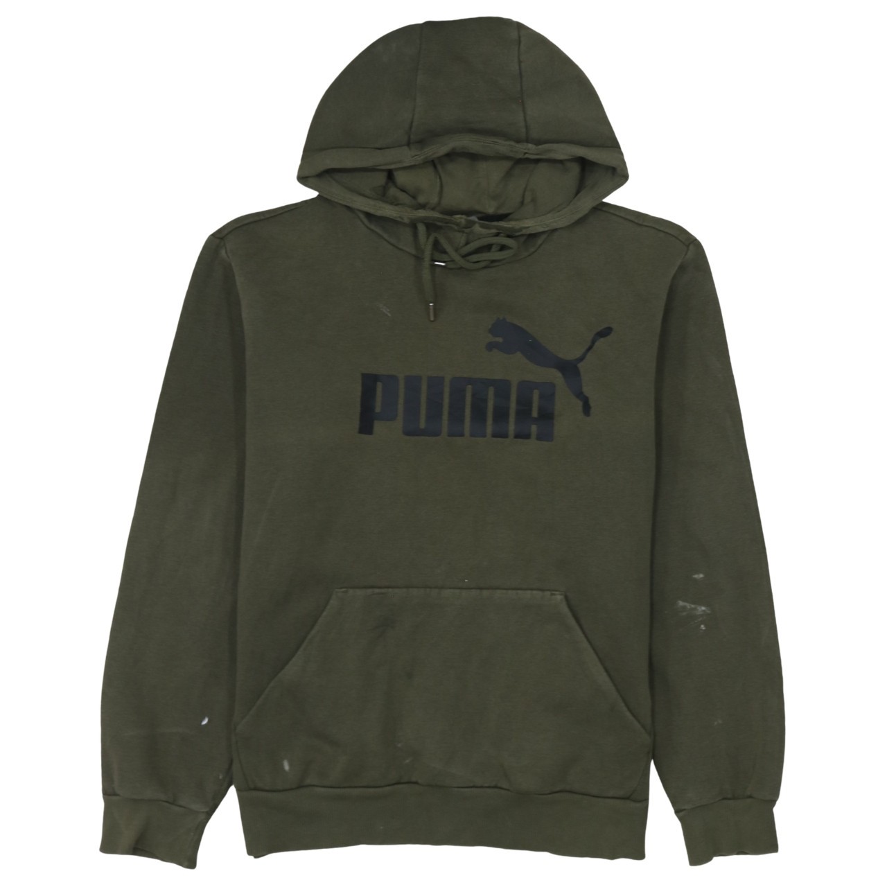 Puma Mens Hoodie Khaki Green Fleece Logo Front Hooded Kangaroo Pocket Pullover M