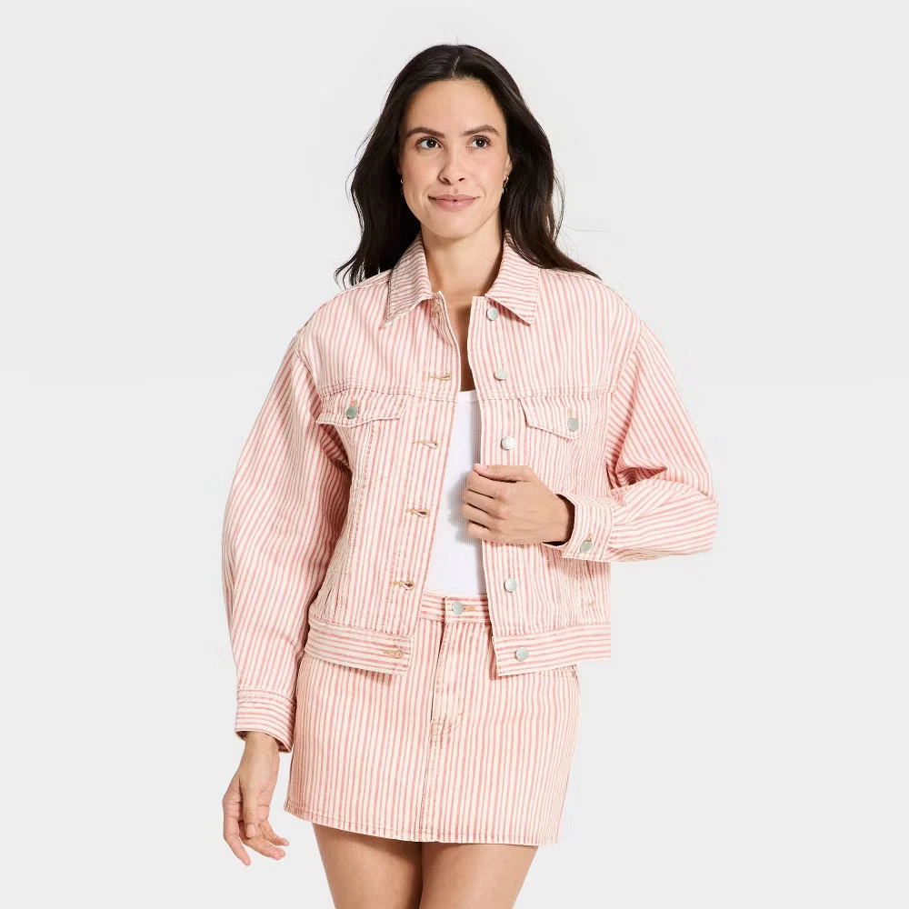 Women Stripe Denim Jacket - Universal Thread Red/White L