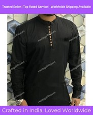 Mens Kurta Fancy Black Cotton Dress Mens Shirt Plain Top Tonic Kurta