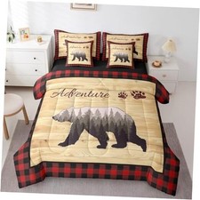 7 Piece Woodland Bear Bed in a Bag Rustic Cabin Bear Comforter Full Beige Red