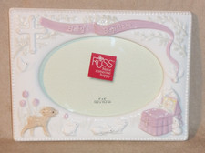 NEW Vintage Russ Baby's Baptism Porcelain 4"x6" Photo Frame Pink Girl Deer Bunny